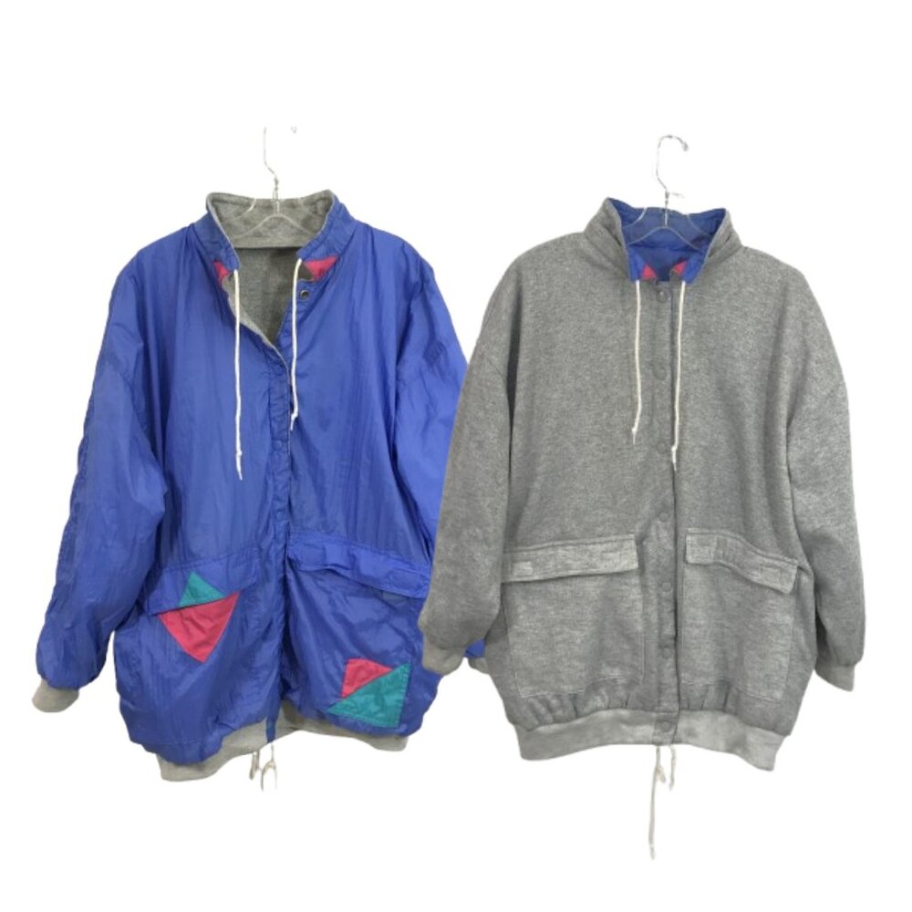 90s Y2K Vintage Jacket Reversible Windbreaker Blue Gray Pink XL Be In The Seen